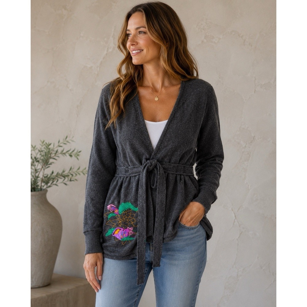 Mamatayoe Wool Appliqué Cardigan XL Gray Belted Artsy Embroidered